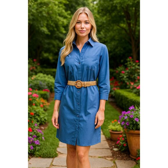 MaxMara Midi Shirt Dress Sz 10 Blue Cotton Side Pockets Swing Long Sleeve - Picture 1 of 13